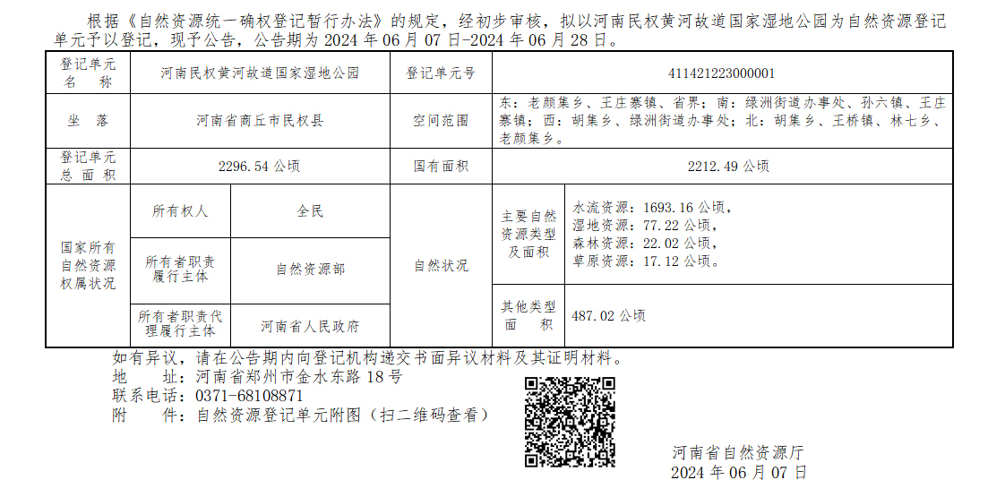 河南省自然资源厅关于开展河南民权黄河故道国家湿地公园自然资源确权登记的公告（首次登记）