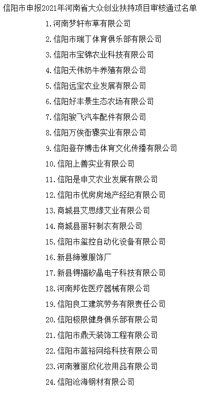 信阳市申报2021年河南省大众创业扶持项目审核通过名单公示