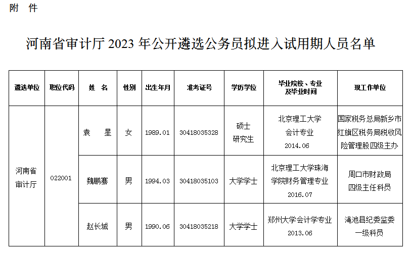 河南省审计厅2023年公开遴选公务员拟进入试用期人员公示