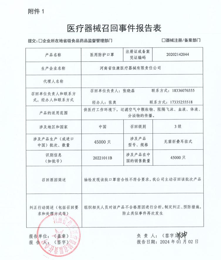 河南省佳康医疗器械有限责任公司对医用防护口罩主动召回