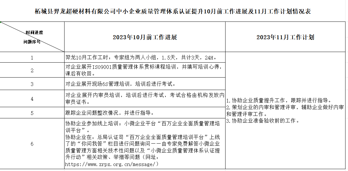 柘城县羿龙超硬材料有限公司质量认证提升10月工作进展及11月工作计划情况表