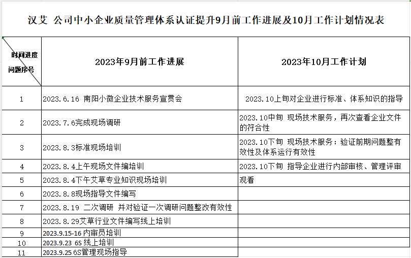 南阳市汉艾艾制品有限公司质量认证提升9月工作进展及10月工作计划情况表