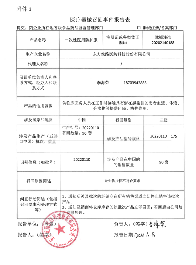 东方丝路医纺科技股份有限公司对一次性医用防护服主动召回