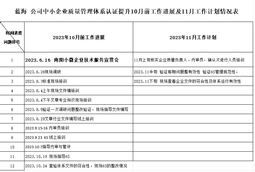 南阳蓝海森源医药科技有限公司质量认证提升10月工作进展及11月工作计划情况表