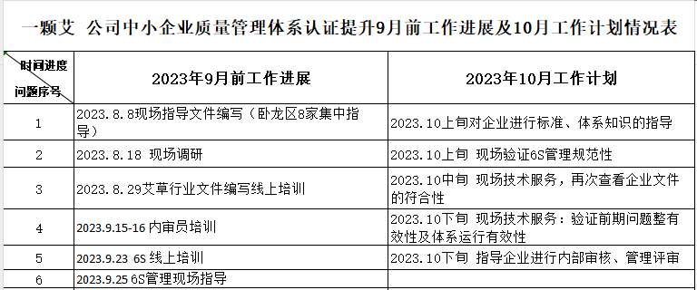 南阳一颗艾艾制品有限公司质量认证提升9月工作进展及10月工作计划情况表