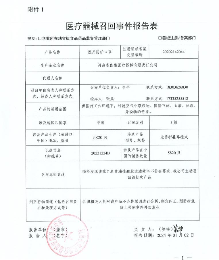 河南省佳康医疗器械有限责任公司对医用防护口罩主动召回