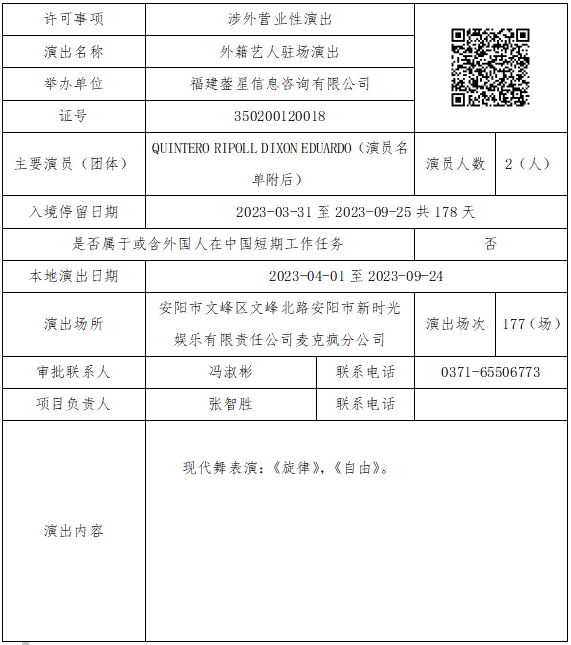 河南省营业性演出准予许可决定（410000522023000017）