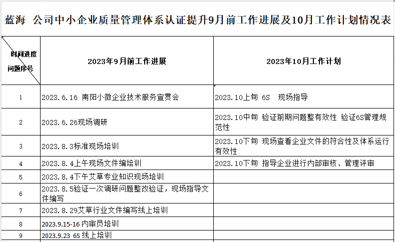 南阳蓝海森源医药科技有限公司质量认证提升9月工作进展及10月工作计划情况表