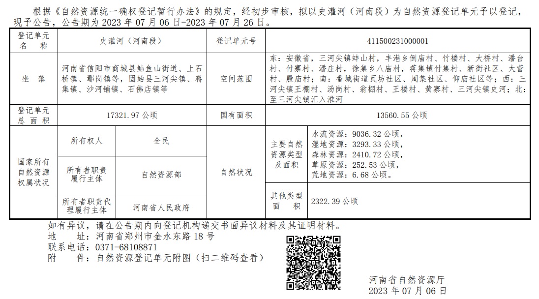 河南省自然资源厅关于开展史灌河（河南段）自然资源确权登记的公告 （首次登记）