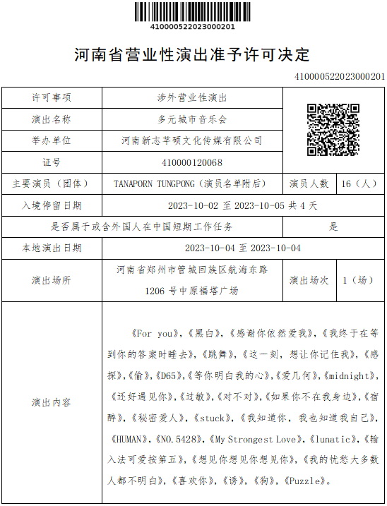 河南省营业性演出准予许可决定（410000522023000201）