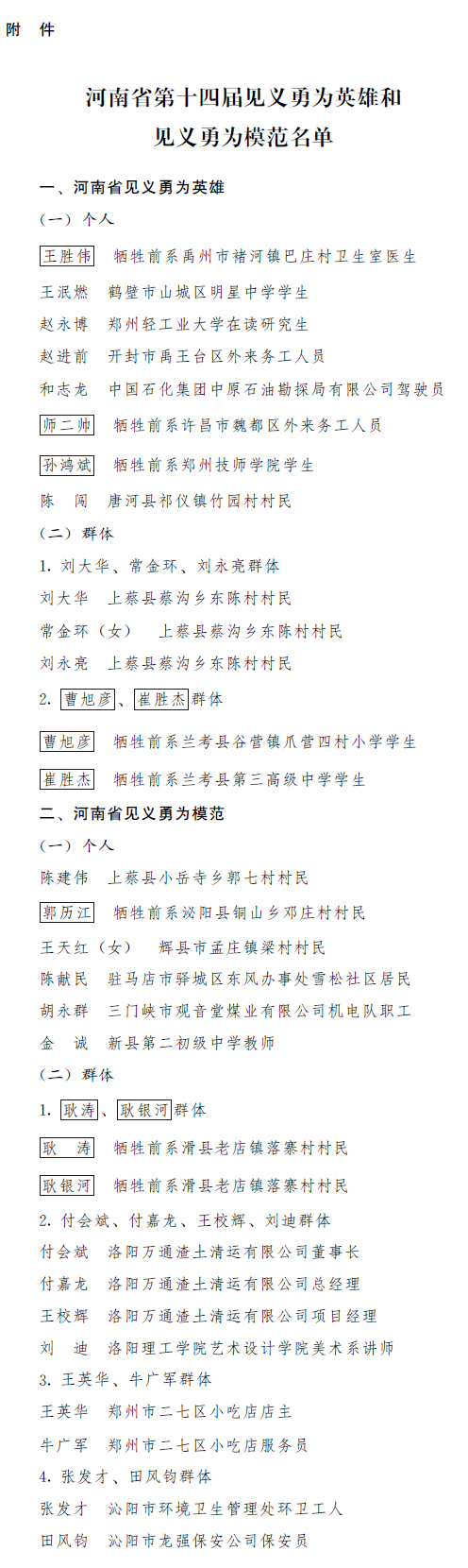 河南省人民政府关于表彰河南省第十四届见义勇为英雄和见义勇为模范的决定