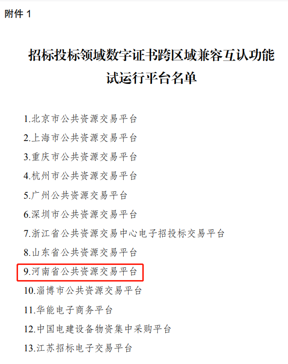 河南公共资源交易平台和企业招标采购平台将试运行<br>招标投标领域数字证书跨区域兼容互认功能