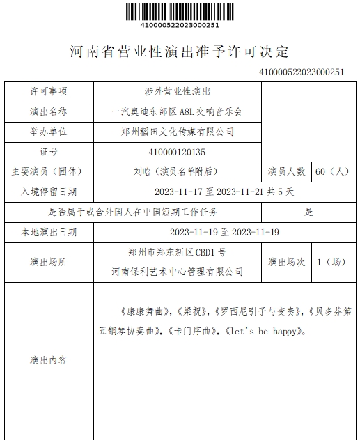 河南省营业性演出准予许可决定（410000522023000251）