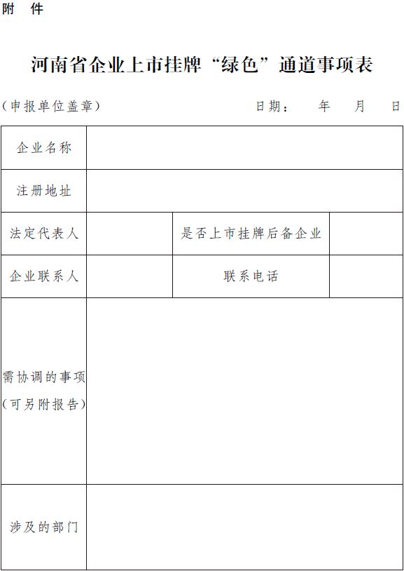 豫政办〔2019〕23号《河南省人民政府办公厅关于印发河南省建立企业上市挂牌“绿色”通道办法（试行）的通知》