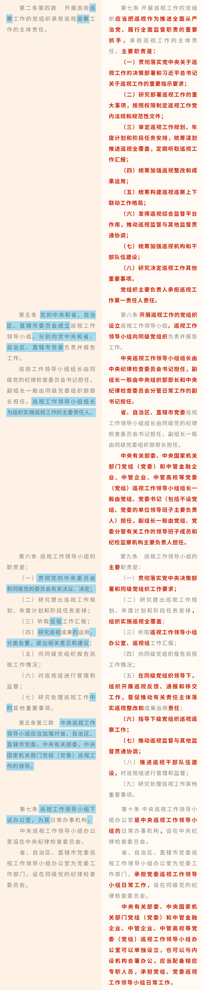 《中国共产党巡视工作条例》修订条文对照表