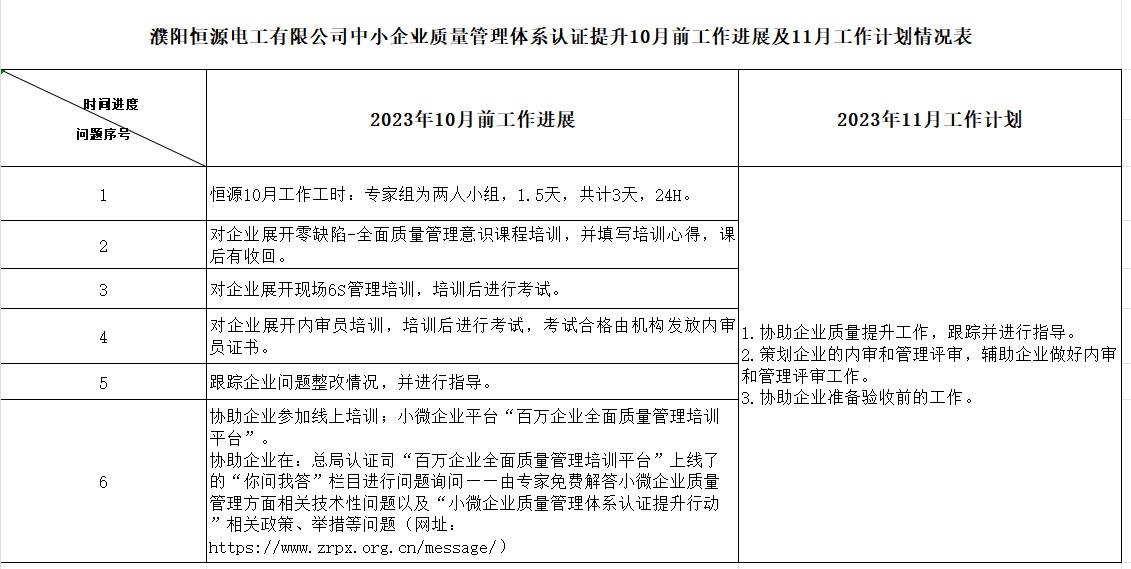 濮阳恒源电工有限公司质量认证提升10月工作进展及11月工作计划情况表