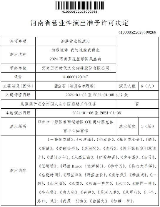 河南省营业性演出准予许可决定（410000522023000268）