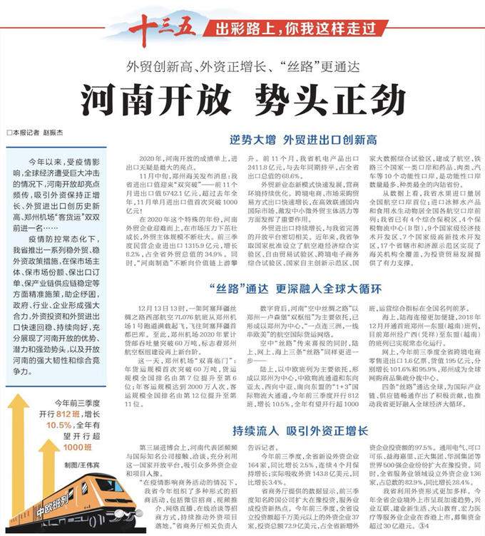 “十三五”你我这样走过丨 外贸创新高、外资正增长、“丝路”更通达 河南开放 势头正劲 “十三五”你我这样走过丨 外贸创新高、外资正增长、“丝路”更通达 河南开放 势头正劲