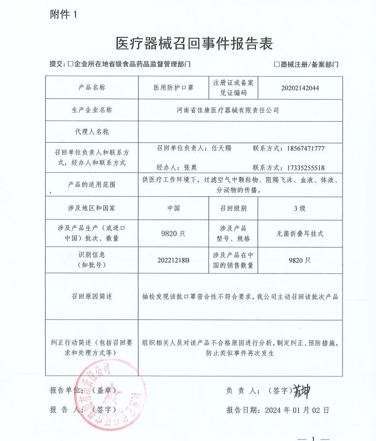 河南省佳康医疗器械有限责任公司对医用防护口罩主动召回