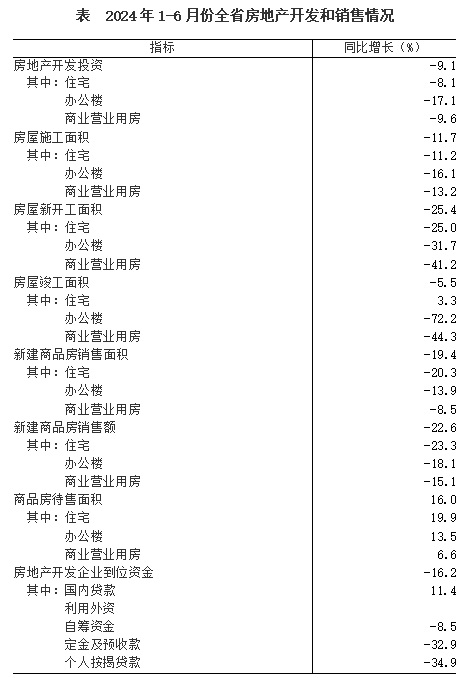 2024年1-6月份全省房地产市场基本情况