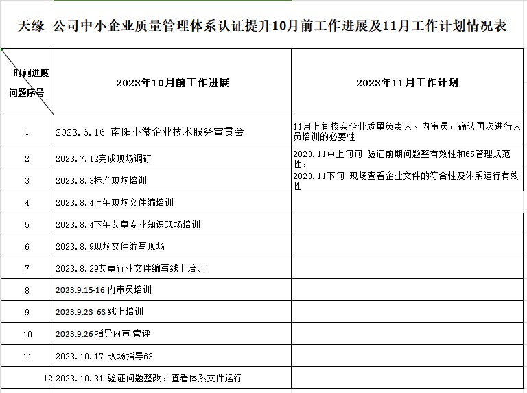 南阳市天缘机械装备有限公司质量认证提升10月工作进展及11月工作计划情况表