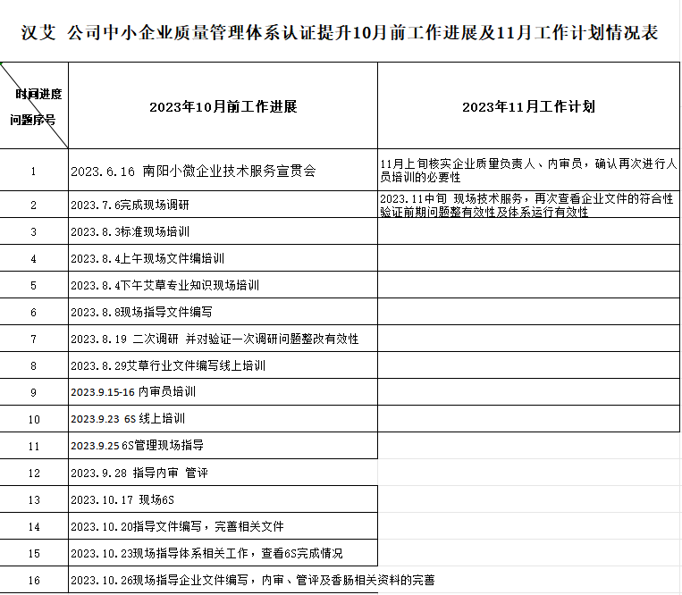 南阳市汉艾艾制品有限公司质量认证提升10月工作进展及11月工作计划情况表