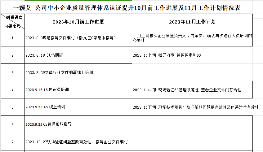 南阳一颗艾艾制品有限公司质量认证提升10月工作进展及11月工作计划情况表