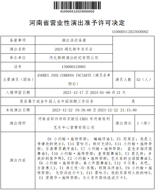 河南省营业性演出准予许可决定（410000512023000002）