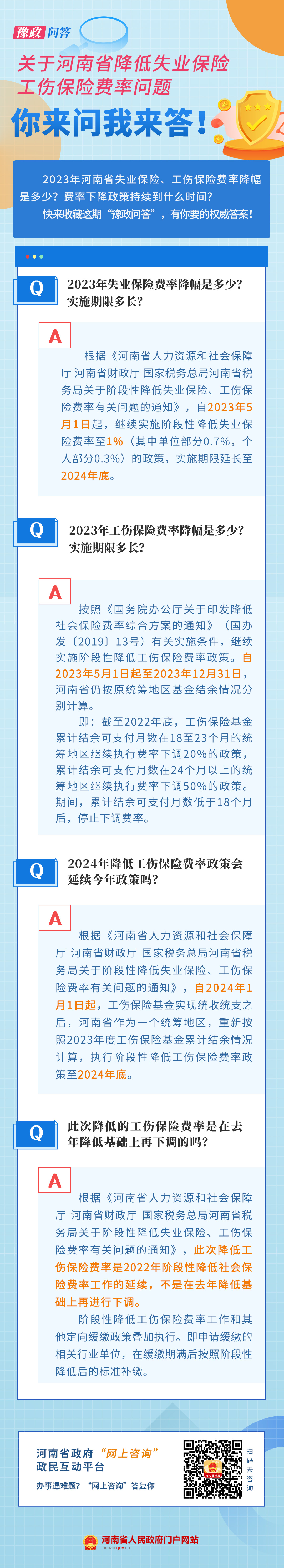 你问政 我来答丨关于河南省降低失业保险、工伤保险费率问题，答案来了！