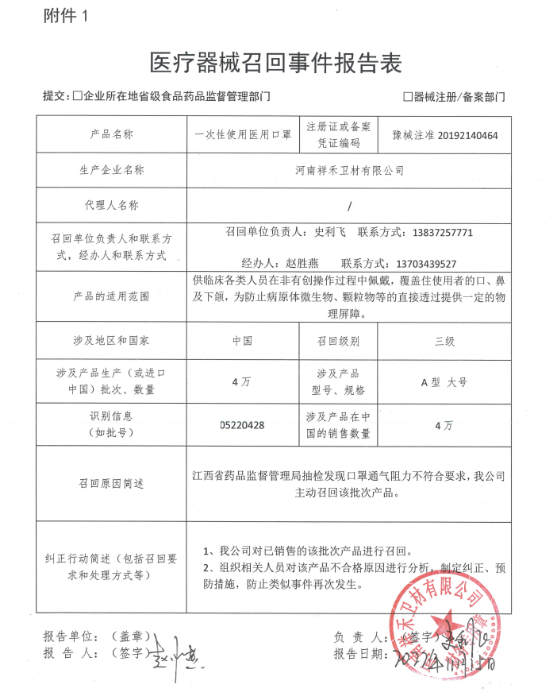 河南祥禾卫材有限公司对一次性使用医用口罩主动召回 河南祥禾卫材有限公司对一次性使用医用口罩主动召回
