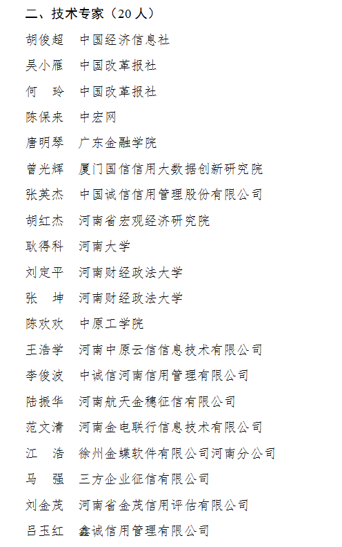 河南省发展和改革委员会关于河南省社会信用体系建设智库入库专家名单的公告